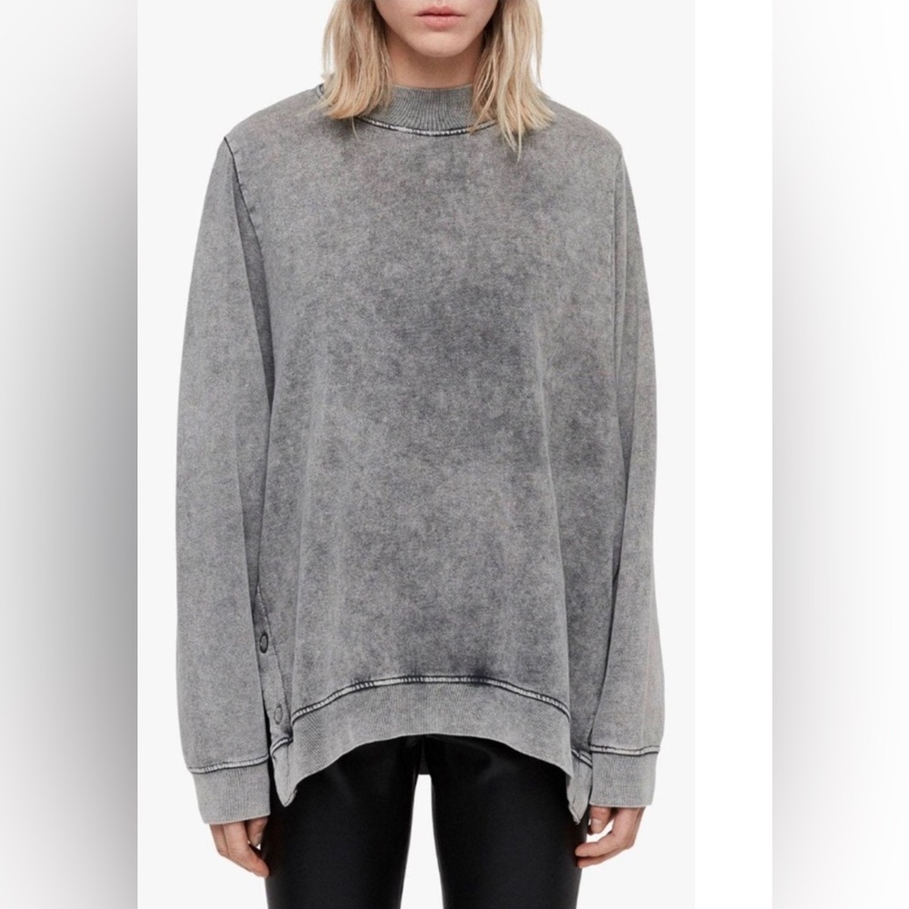 All Saints Leti Freida Side-Snap Gray Crewneck Cotton Sweatshirt